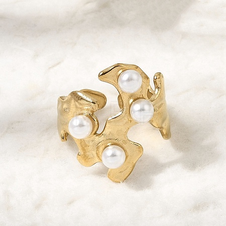304 Stainless Steel with Imitation Pearl Cuff Open Rings for Women RJEW-Z144-01G-04-1
