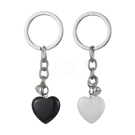 Natural Black Stone & Natural White Jade Heart Keychains KEYC-JKC00548-1