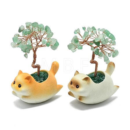 Natural Green Aventurine Chips Tree of Life Decorations with Cat Display Decorations DJEW-K025-03E-1