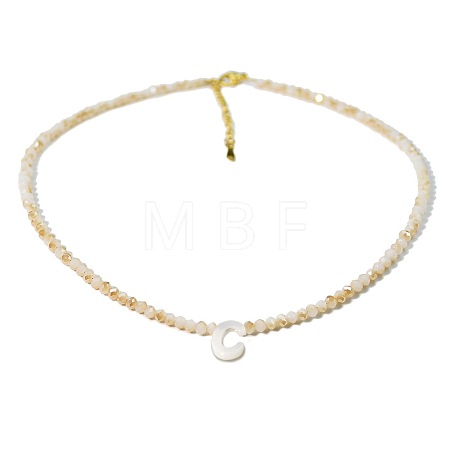 Natural White Shell Letter Faceted Glass Beaded Necklaces with 304 Stainless Steel End Chains SS7282-3-1