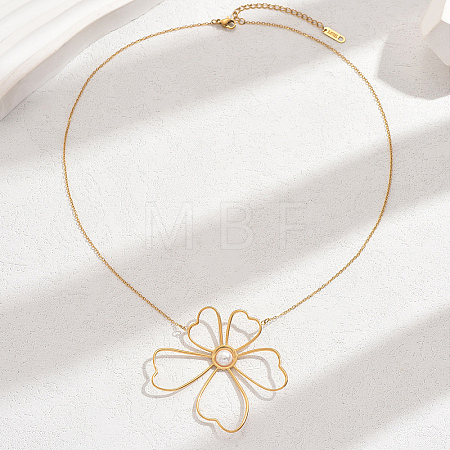 Elegant Stainless Steel & Imitation Pearl Hollow Flower Pendant Necklaces for Women TN2016-1-1