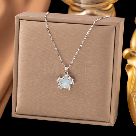 Brass Micro Pave Clear Cubic Zirconia & Glass Star Pendant 304 Stainless Steel Cable Chain Necklaces for Women WG3E06A-02-1