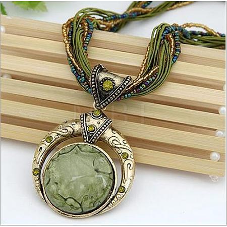 Bohemian Style Flat Round Alloy & Resin Imitation Gems Pendant Necklaces WG23E28-02-1