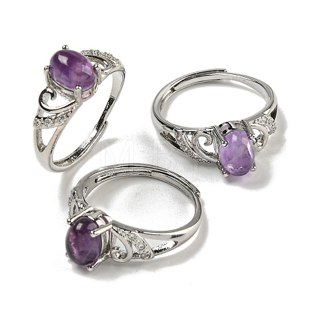 Oval Natural Amethyst Adjustable Rings RJEW-Q818-01P-03B-1