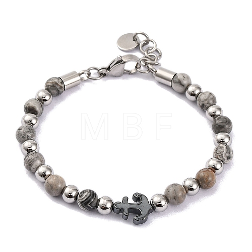 Natural Map Stone & Synthetic Magnetic Hematite Anchor Beaded Bracelet BJEW-P339-01P-02-1