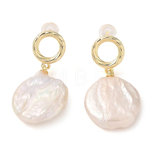 Flat Round Natural Pearl Dangle Earrings EJEW-L286-09G-1