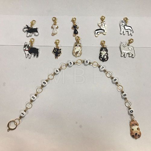 1 Set Acrylic Number Bead Knitting Row Counter Chains & Alloy Enamel Dog & Cat Charm Locking Stitch Markers HJEW-BC0001-36-1