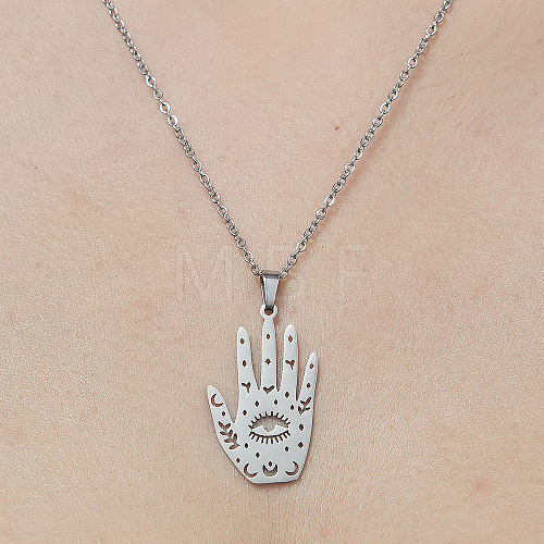 Non-Tarnish 201 Stainless Steel Hollow Hamsa Hand with Eye Pendant Necklace NJEW-OY001-78-1