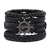 4Pcs 4 Styles Wood Beads Stretch Braceletas & Alloy Artificial Leather Cord Bracelet Sets for Men FS-WG9743B-08-1