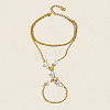 304 Stainless Steel and Imitation Pearl Multi-Strand Hand Chain Ring Bracelets with Clear Cubic Zirconia for Women VO2892-1