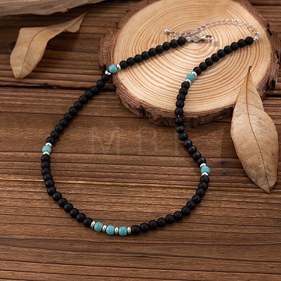 6MM Round Synthetic Turquoise and Frosted Black Stone Beaded Necklaces for Men FQ0489-2-1