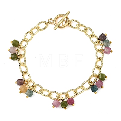 Natural Multicolor Tourmaline Faceted Cube Beads Tassel Brass Textured Cable Chain Bracelets for Women BJEW-JB14335-01-1