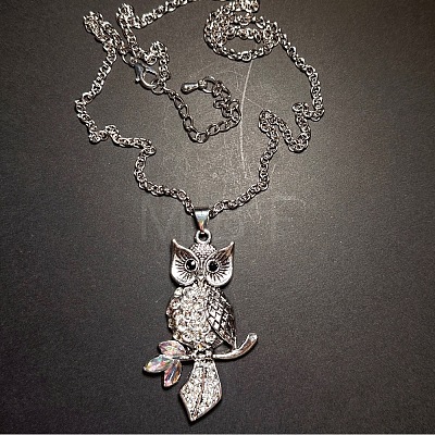 Vintage Alloy Crystal Rhinestone Owl Pendant Necklaces WU5085-1