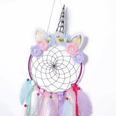 Handmade Unicorn Woven Net/Web with Feather Wall Hanging Decoration HJEW-A001-01B-1