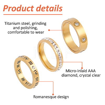 ANATTASOUL 6Pcs 6 Style 201 Stainless Steel Hollow Roman Numerals Finger Ring Set with Rhinestone RJEW-AN0001-21-1