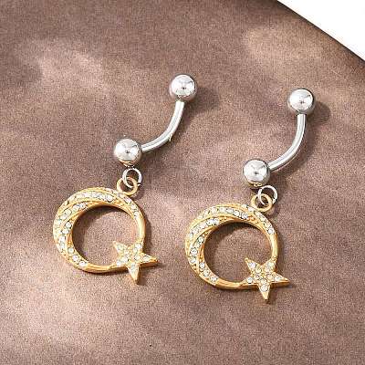 316 Stainless Steel Crystal Rhinestone Curved Barbell Dangle Belly Rings AJEW-C044-04-1