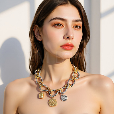 Zinc Alloy with Aluminium Coin Pendant Twisted Ring Link Chain Bib Necklaces for Women FS-WG2722B-01-1