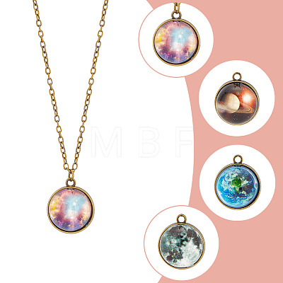 4Pcs 4 Style Luminous Glass Round Planet Pendant Necklaces Set NJEW-FI0001-02-1