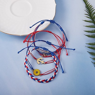 4Pcs 4 Style Flower & Anchor Braided Bead Bracelets Set BJEW-SW00040-1