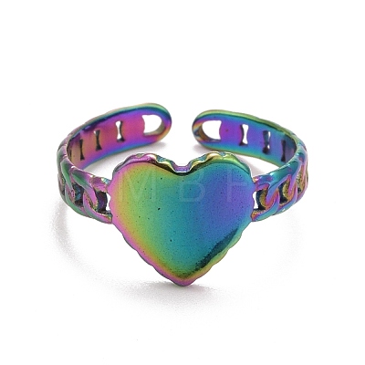 Rainbow Color Ion Plating(IP) 304 Stainless Steel Heart Open Cuff Ring for Women RJEW-A005-05-1