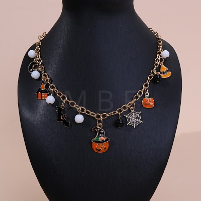 Alloy Enamel with Plastic Halloween Pumpkin Bat Spider Web Pendant Bib Necklaces for Women FS-WGDE872-03-1