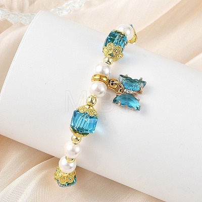 Brass Glass Butterfly Charm Bracelets BJEW-JB14180-1