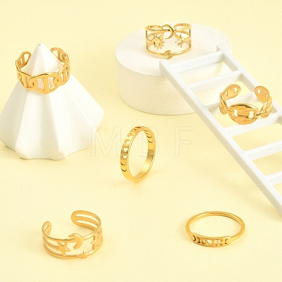 6Pcs 6 Style Star & Moon & Coffee Bean 304 Stainless Steel Finger Ring Sets for Women RJEW-TZ0001-01-1