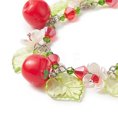 Teacher's Day Theme Resin Apple Charm Bracelets with Acrylic Leaf & Plastic Flower BJEW-JB09209-1