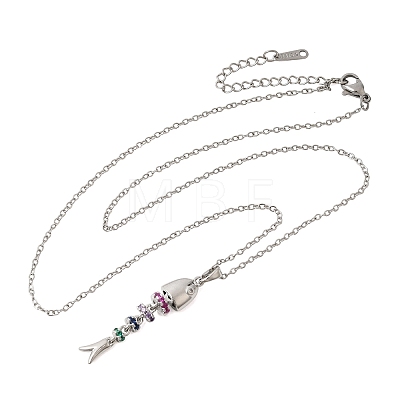 201 Stainless Steel Pave Colorful Cubic Zirconia Fish Bone Pendant Necklaces for Women NJEW-C111-02B-P-1