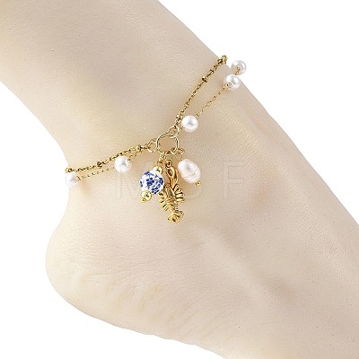 Ocean 304 Stainless Steel Sea Animals & Handmade Flower Printed Porcelain Ceramic Charm Anklets AJEW-AN00866-1