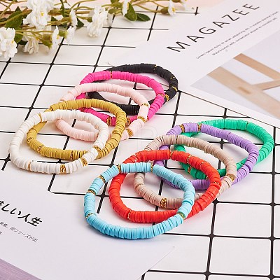 10Pcs 10 Colors Polymer Clay Heishi Beaded Stretch Bracelets BJEW-PH01445-1