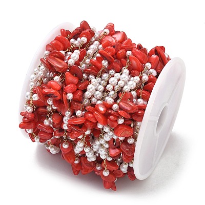 Handmade Natural Shell & ABS Imitation Beaded Chains CHS-F025-13G-03-1
