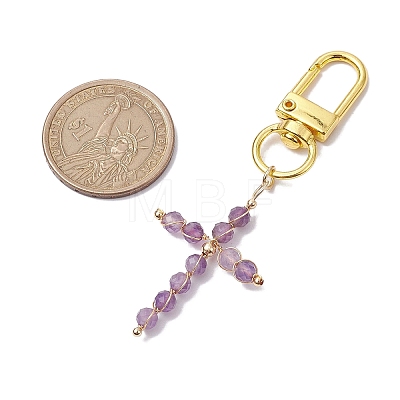 Wire Wrapped Natural Gemstone Cross Pendant Decoration HJEW-JM01932-1