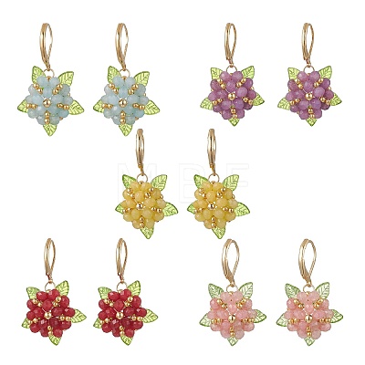 Valentine's Day Flower Natural Malaysian Jade & Glass Seed Beaded Leverback Earrings EJEW-MZ00700-1