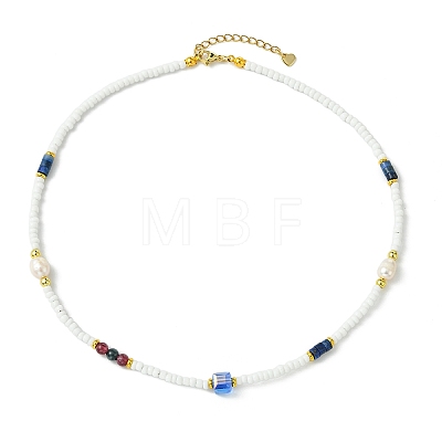 Natural Lapis Lazuli Heishi Beads & Rice Natural Pearl & Glass Seed Beaded Necklaces NJEW-JN06249-02-1