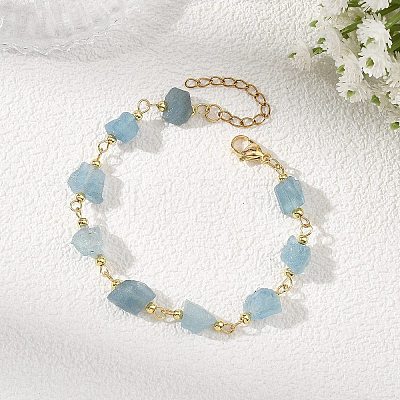 Raw Rough Natural Aquamarine Beaded Link Chain Bracelets for Women BJEW-JB13970-1