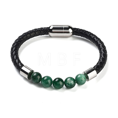 Natural Fuchsite Round Bead Braided Leather Cord Bracelets for Men Women BJEW-A009-11P-01-1