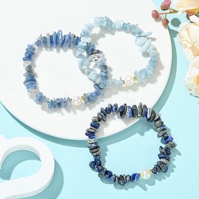 3Pcs 3 Styles Natural Mixed Gemstone Chip & Cultured Freshwater Pearl Beaded Stretch Bracelets Set for Women BJEW-JB13762-08-1
