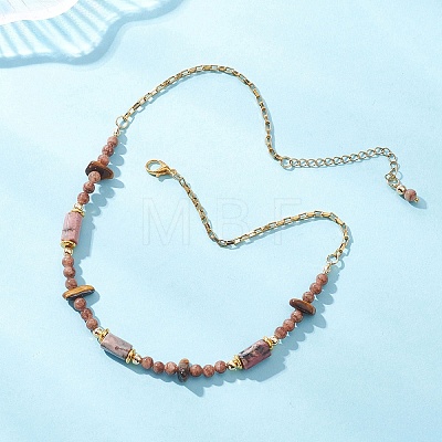 Natural Tiger Eye Chip & Round Persian Jade & Column Rhodonite Beaded Necklaces for Women NJEW-JN05633-1