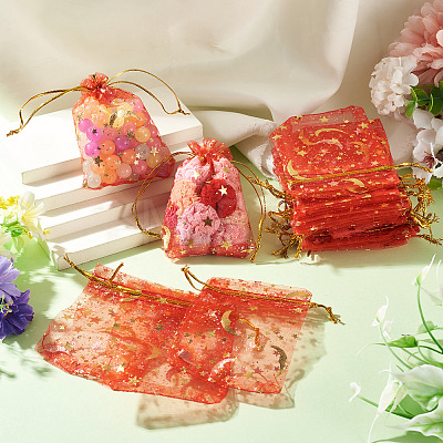 30Pcs Gold Stamping Moon Star Organza Drawstring Gift Bags ABAG-TA0002-21B-1