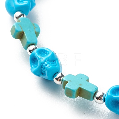 Synthetic Turquoise(Dyed) Cross & Skull Beaded Stretch Bracelet BJEW-JB08452-04-1