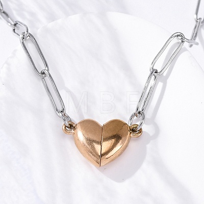 304 Stainless Steel Double-Sided Magnetic Heart Pendant Paperclip Chain Necklaces NJEW-U028-02RG-1