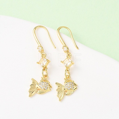 Brass Micro Pave Clear Cubic Zirconia Fish Dangle Earrings EJEW-A149-02G-1