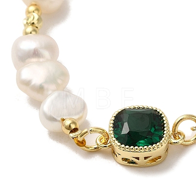 Rhinestone Square Link Bracelet with Natural Pearl BJEW-C051-20G-1