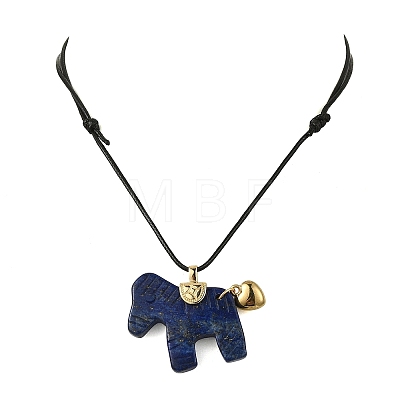 Natural Lapis Lazuli Horse Pendant Adjustable Black Korean Waxed Polyester Cord Neckalces NJEW-JN06355-03-1