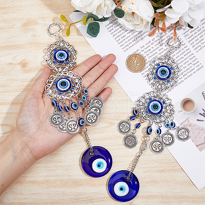 2Pcs Flat Round Glass Turkish Blue Evil Eye Pendant Decoration HJEW-DC0001-09-1