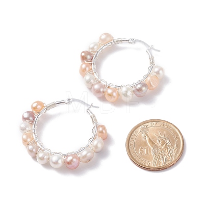 Natural Pearl Wire Wrapped Beaded Hoop Earrings for Women EJEW-JE04759-02-1