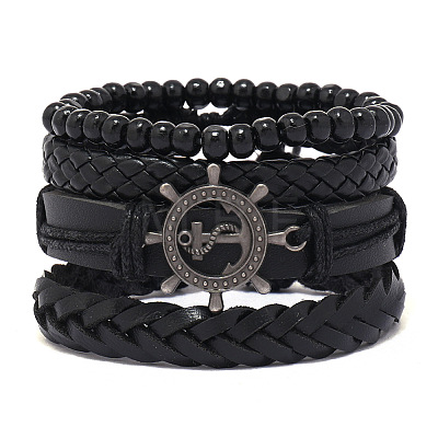 4Pcs 4 Styles Wood Beads Stretch Braceletas & Alloy Artificial Leather Cord Bracelet Sets for Men FS-WG9743B-08-1
