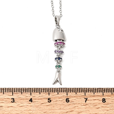 201 Stainless Steel Pave Colorful Cubic Zirconia Fish Bone Pendant Necklaces for Women NJEW-C111-02B-P-1