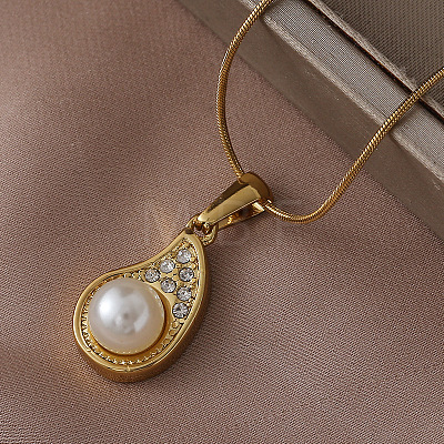 304 Stainless Steel with Imitation Pearl and Clear Glass Teardrop Pendant Necklaces EB8017-1